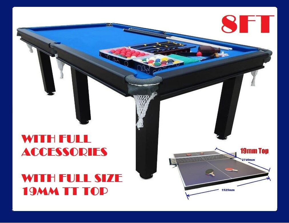 PICK UP - POOL TABLE 8FT SNOOKER BILLIARD TABLE 25mm TABLE TOP - WITH FULL SIZE TABLE TENNIS TOP