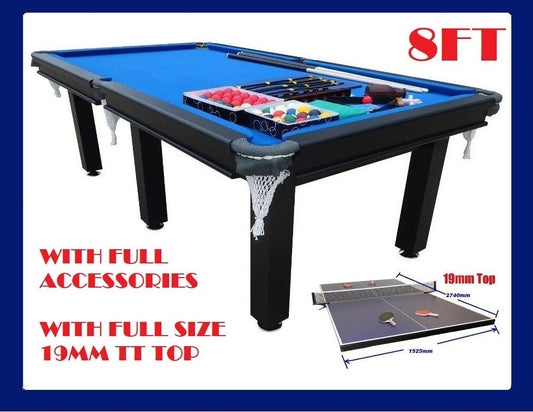 PICK UP - POOL TABLE 8FT SNOOKER BILLIARD TABLE  25mm TABLE TOP - WITH FULL SIZE TABLE TENNIS TOP